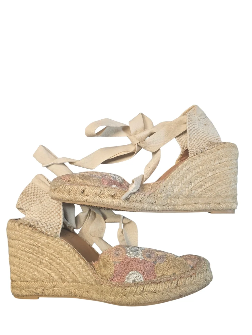 Maypol Spain Espadrilles Leather Crochet Espadrille Tie-Back Wedge Sz. 39/8